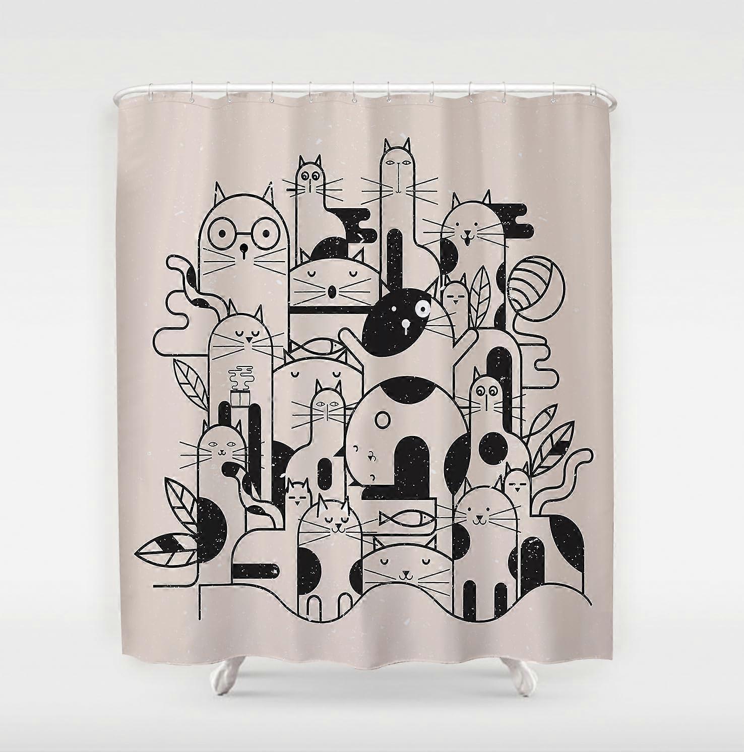 Polyester Shower Curtain Group Of Cats Design, 100 X 180 Cm, Machine Washable, Quick-Dry, Water-Repellent, Weighted Hem