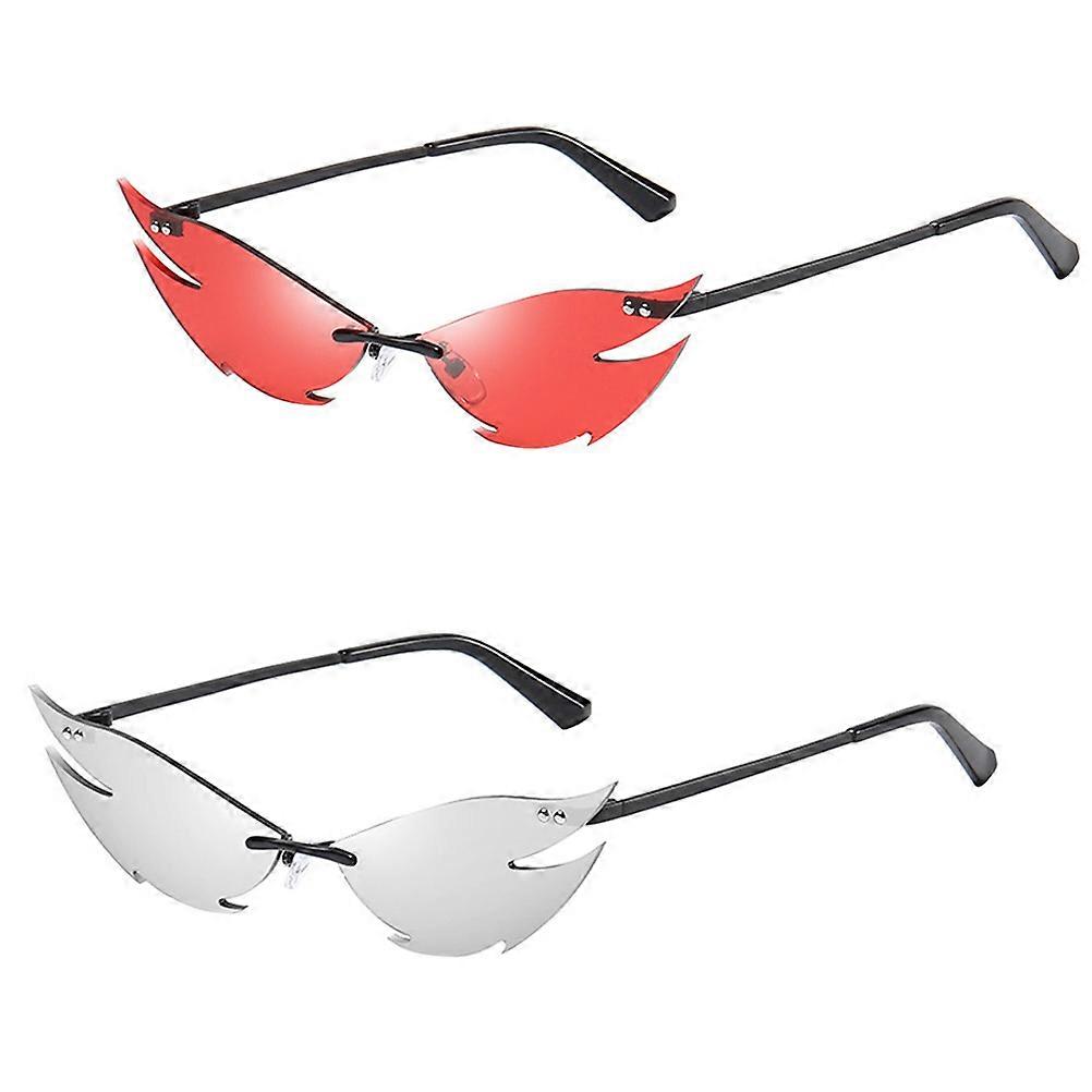 نظارات شمسية عين القط بدون إطار للنساء نظارات أزياء فريدة من نوعها للحفلات ودعائم الصور ، إطار أسود مع عدسة فضية