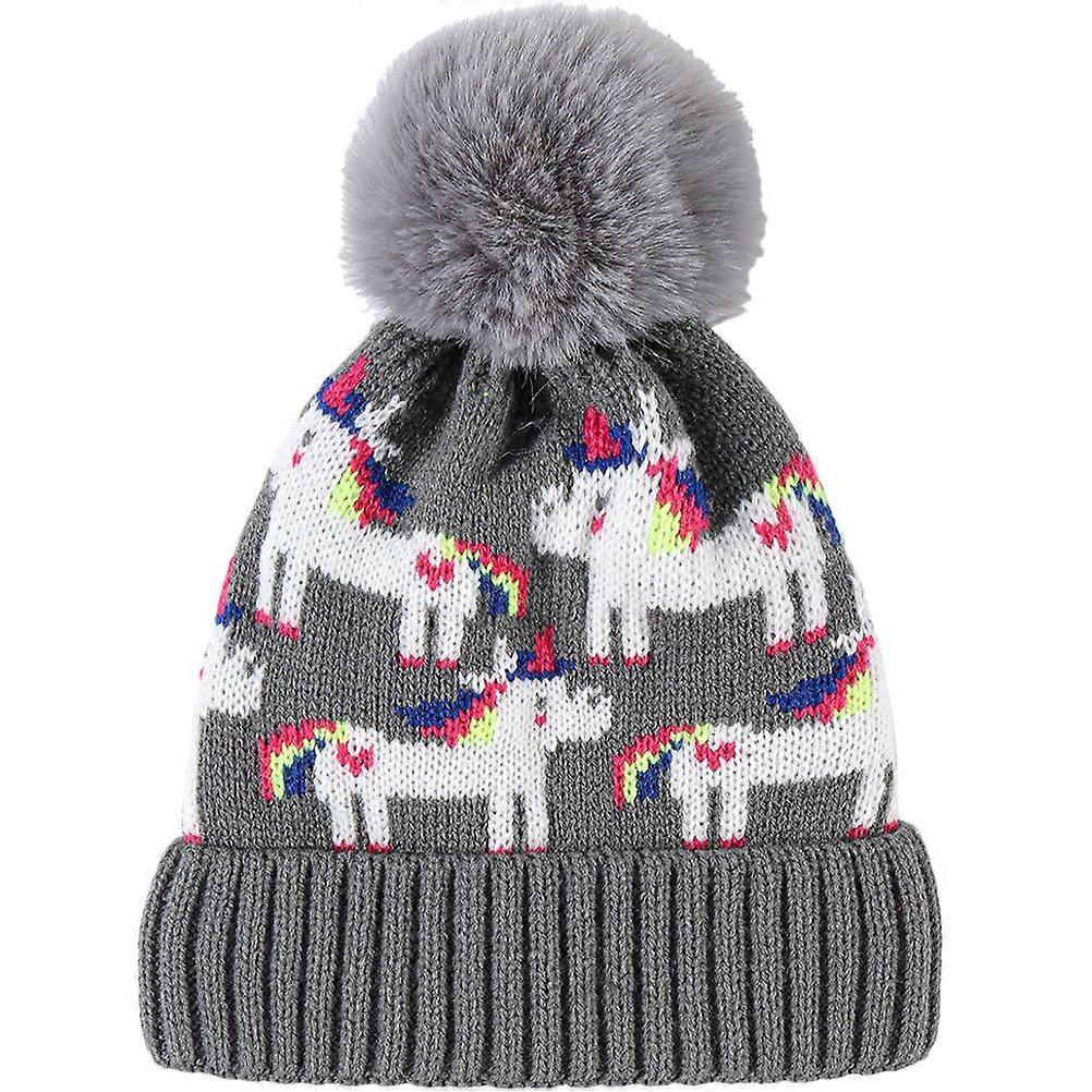 Cute Unicorn Knit Beanie Hat with Plush Ball 2pcs Ear Protectors Grey