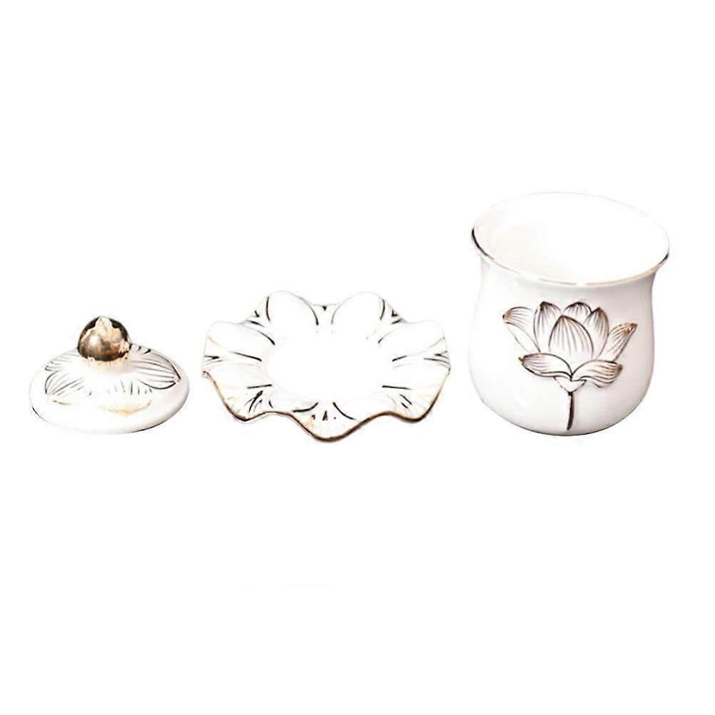 Ceramic Buddhist Water Offering Cup with Lotus Design for Rituals and Storage Use Beige