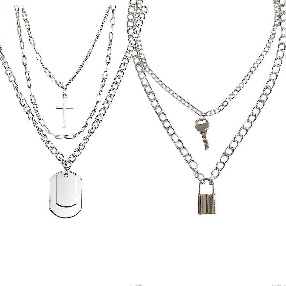 2Pcs Retro Cross Shaped Necklace Decorative Lock Shape Pendant Jewelry (Silver)