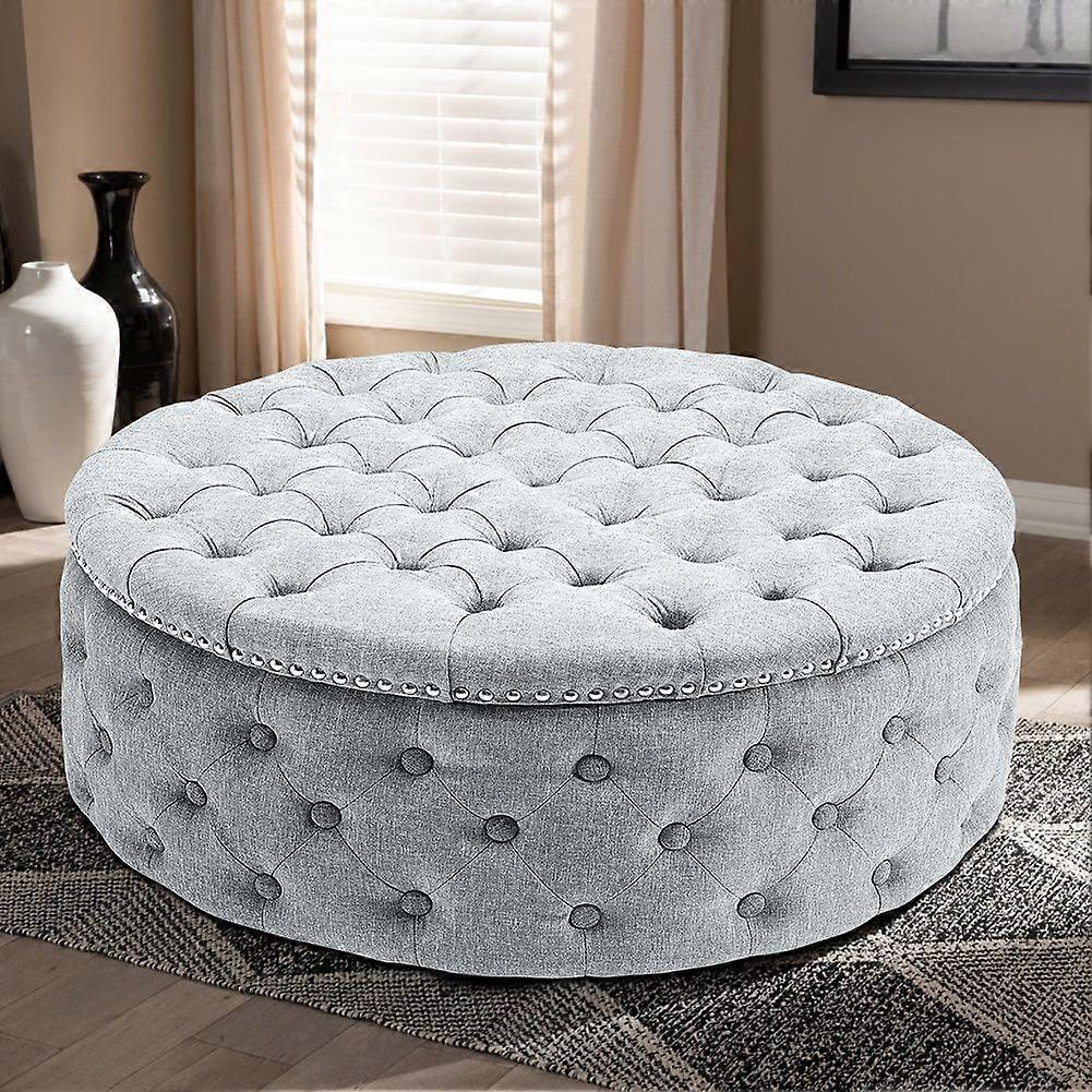 Ottoman Round Linen Deep Buttoned Ottoman Footstool with Studded Edge 75cm