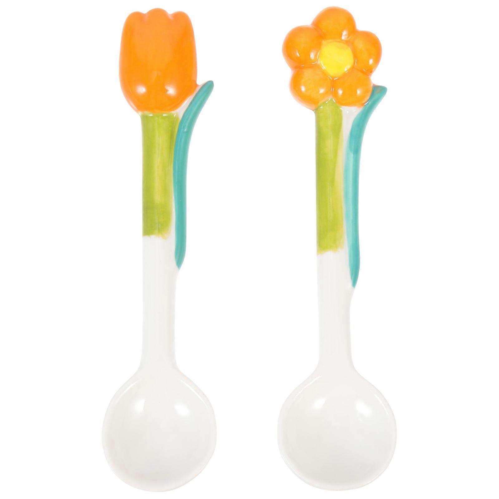 Asian Ceramic Spoon Set For Convenient Mixing And Serving Rice In Orange Tulip Shaped Porcelain Design