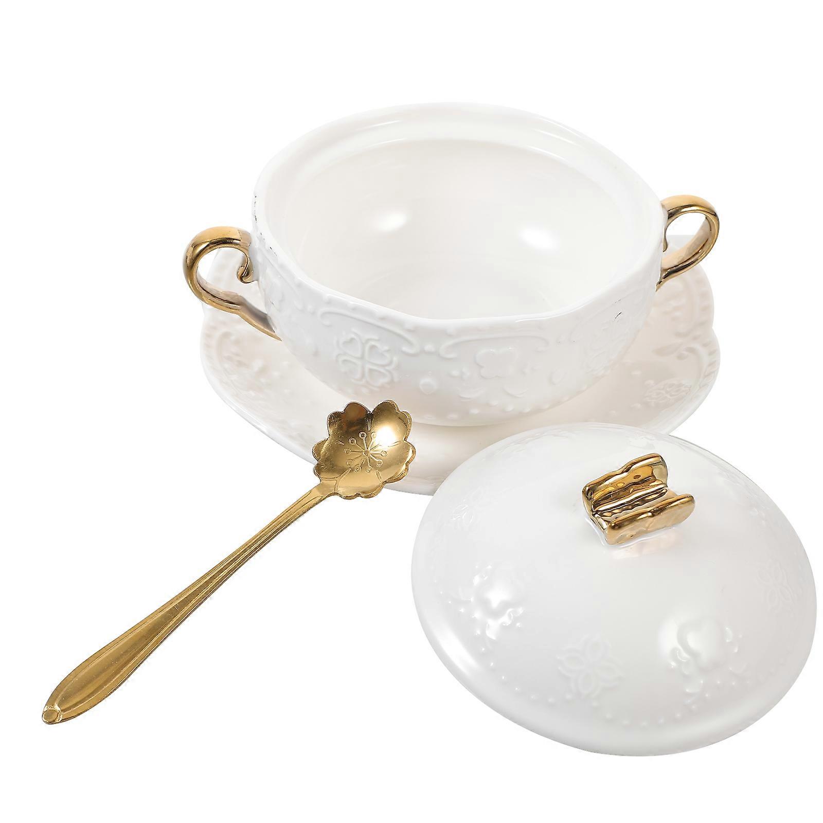 1 Set Double Handle Bowl Dessert Milk Stew Cup Breakfast Bowl with Spoon and Lid