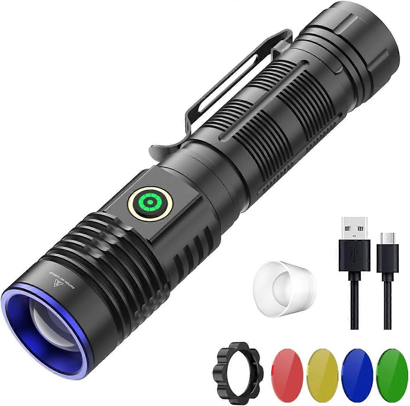 Multicolor Flashlight 5 in 1 LED Tactical Rechargeable Flashlights High Lumens 4 Modes Zoomable(Black)