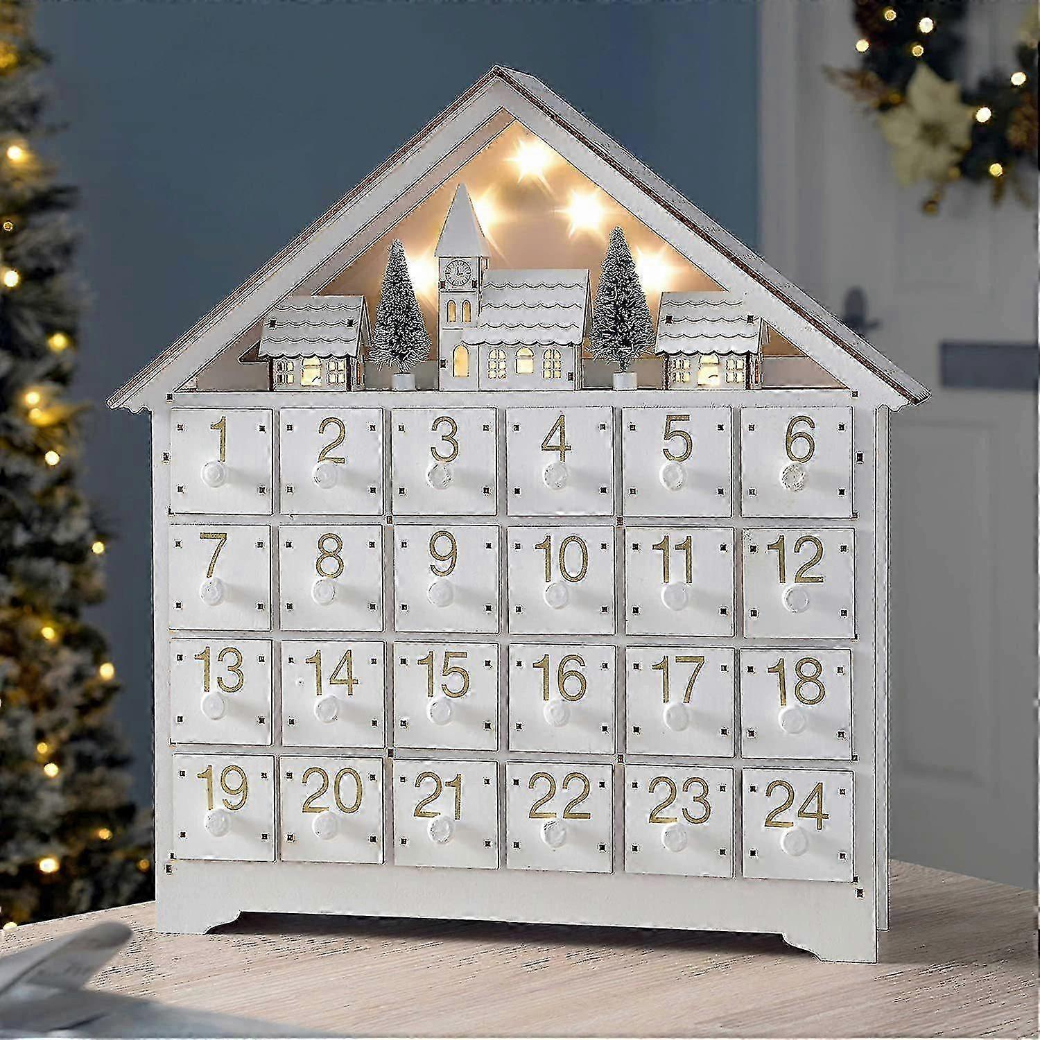 Mine Countdown To Christmas Wooden Led Lighted Advent Calendar, 24 Drawers (white)