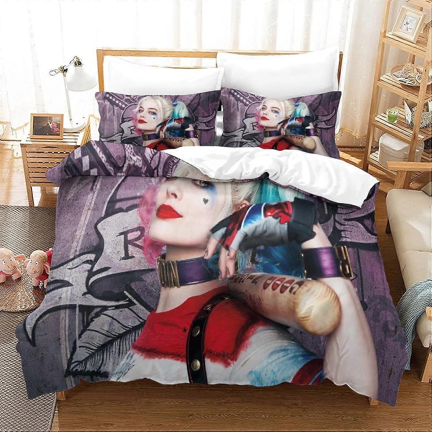 PIN2984 Suicide Squad Yatak Seti 3 Parça Set Nevresim Kılıfı Yumuşak Mikrofiber Yorgan Kılıfı 3D Desenli Fermuar Tasarımı Çocuklar, Gençler A