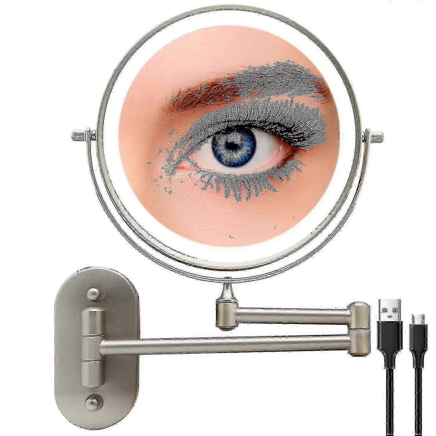 Rechargeable Lighted Makeup Mirror Wall Mount, Extendable Double Sided Vanity Mirror With 10x Magnification, 8 Inch Led Magnifying Mirror With 3 Color