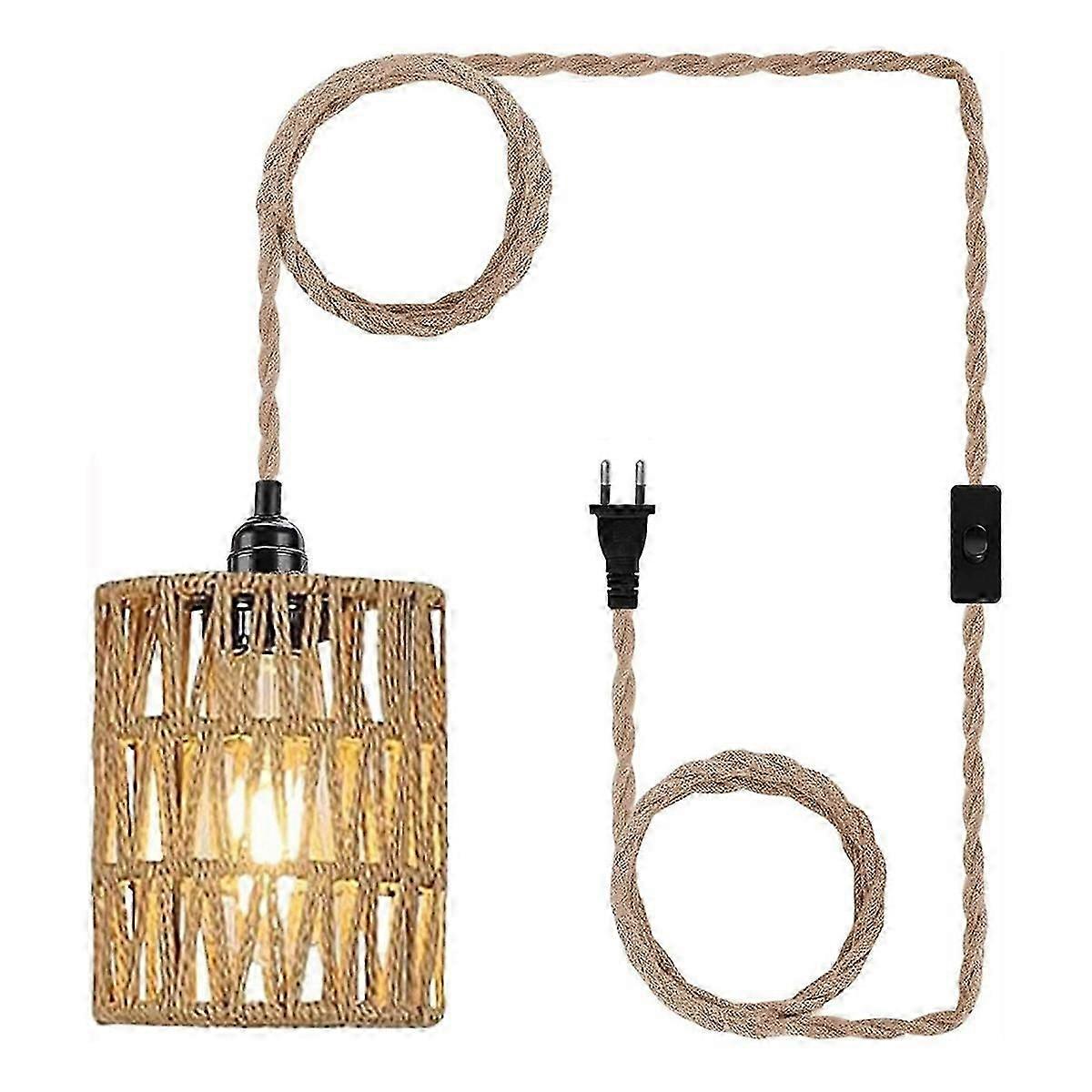 Boho Plug in Pendant Light, Hanging Light with Plug in Cord, Ceiling Lamp Rattan Cylinder Lamp Shade Switch EU Plug