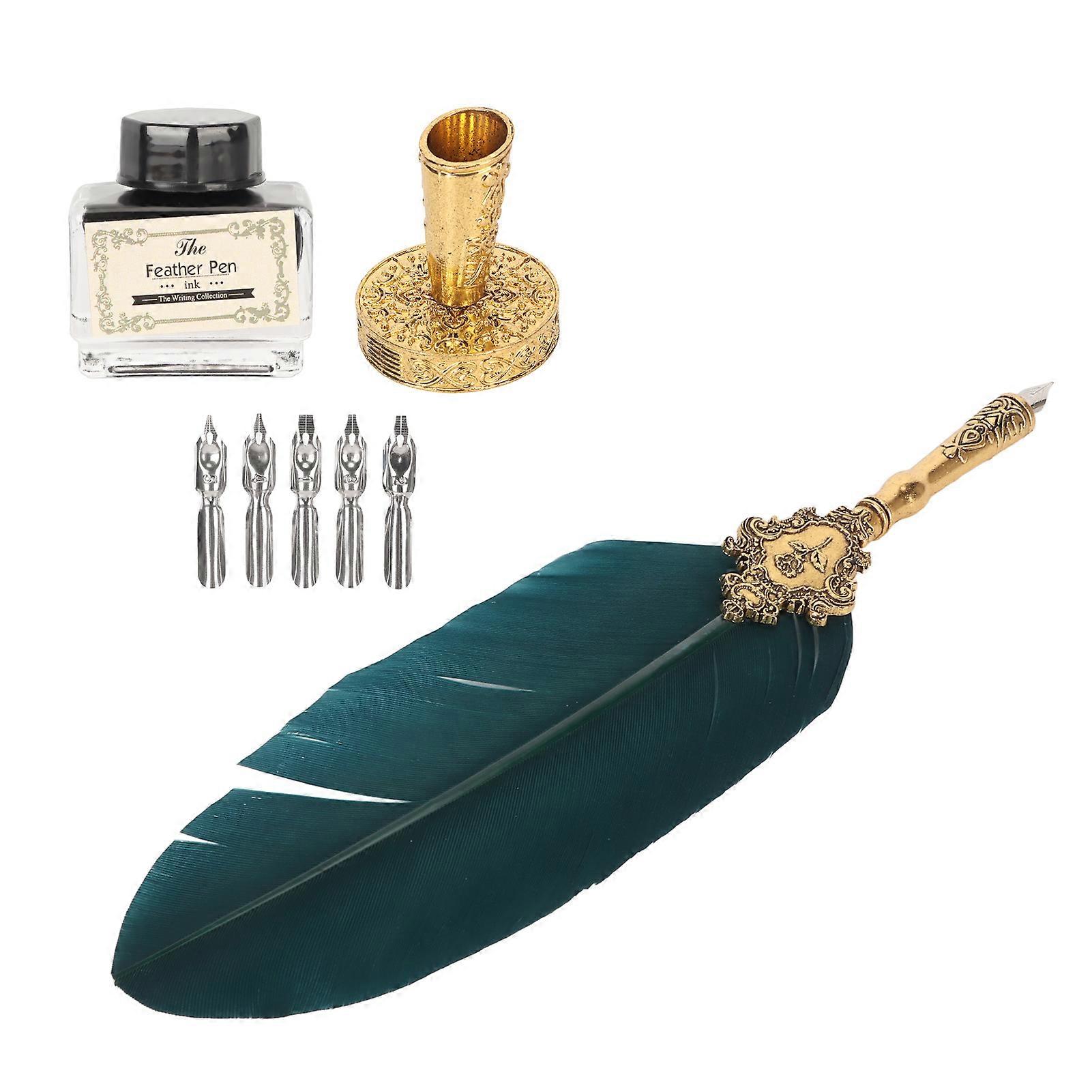 Feather Pen and Ink Set with 5 Interchangeable Nibs for Student Retro Style Writing Smoothly Feather Quill Pen for School 