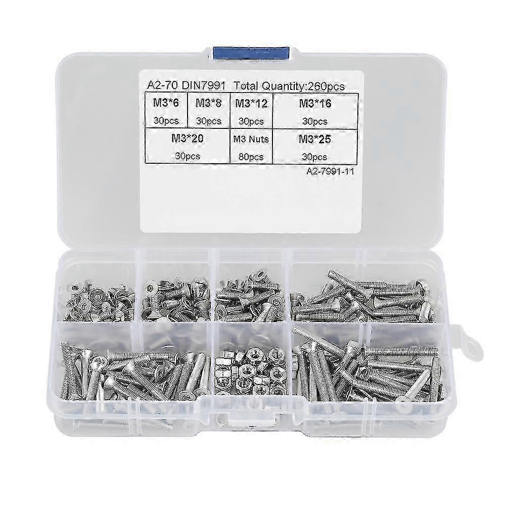 260pcs M3 Stainless Steel Hex Socket Flat Head Screw Kit With Box - Universal Fasteners for Multiple Uses