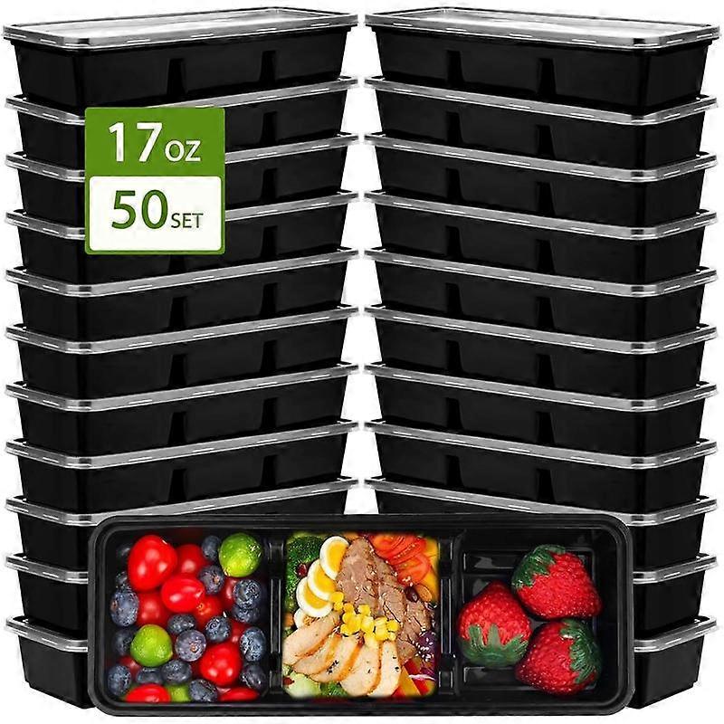 50Pack 17oz Small Meal Prep Containers with 3 Compartments, sposable Snack Containers with , Plastic Bento Snack Boxes Stackable for  adults