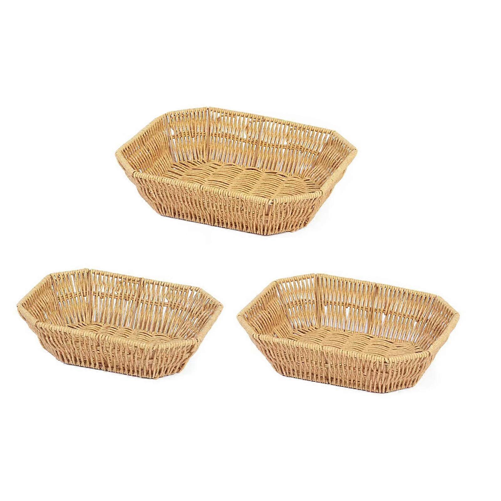 3pcs Imitation Rattan Fruit Serving Basket Multifunctional Octagonal Snacks Storage Plate Woven Vegetable Display Tray Multicolor