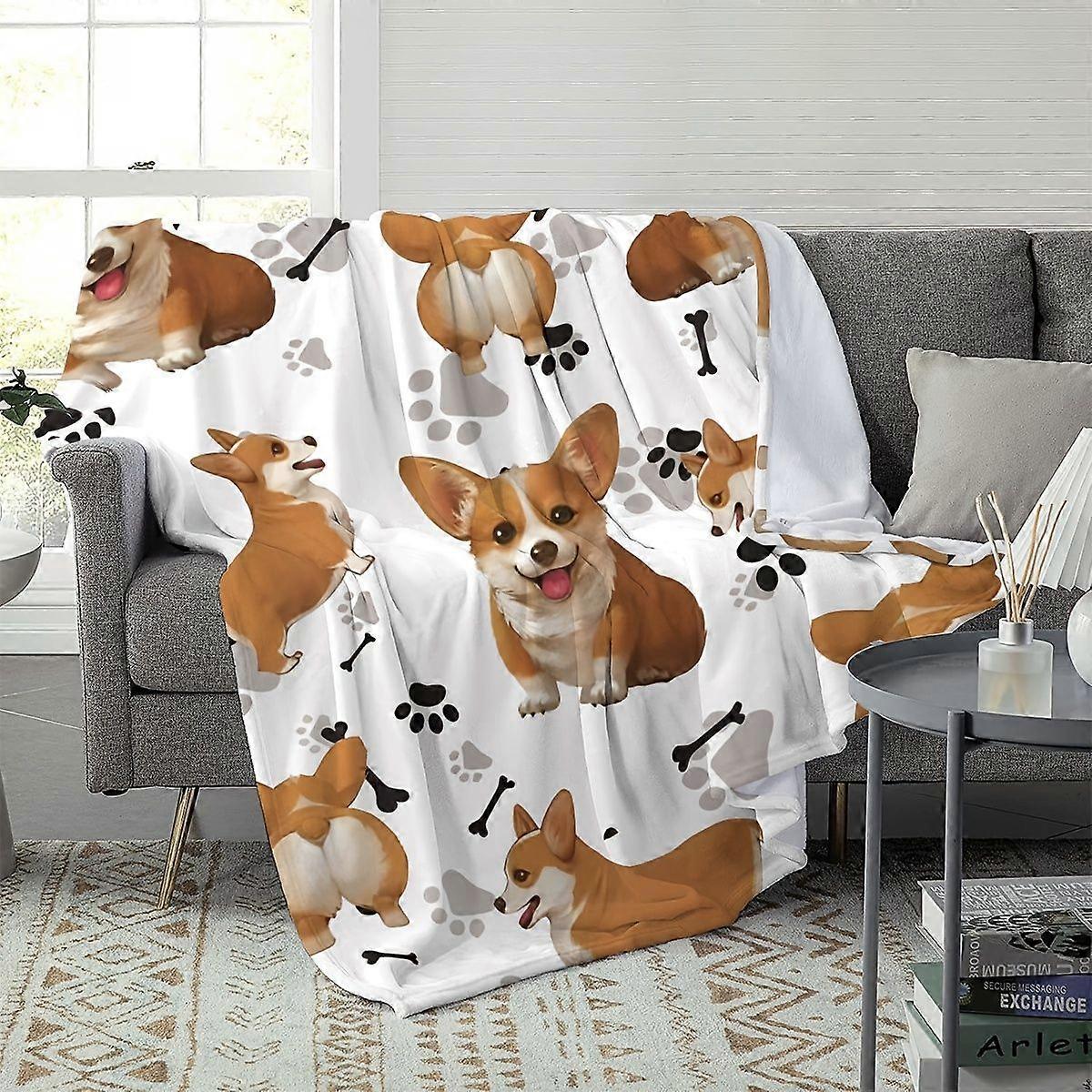 Luxury Corgi Puppy Print Throw BlanketSoft Flannel All-Season Machine WashableWhite with Playful Corgi Bone Pattern for -mnbvc380