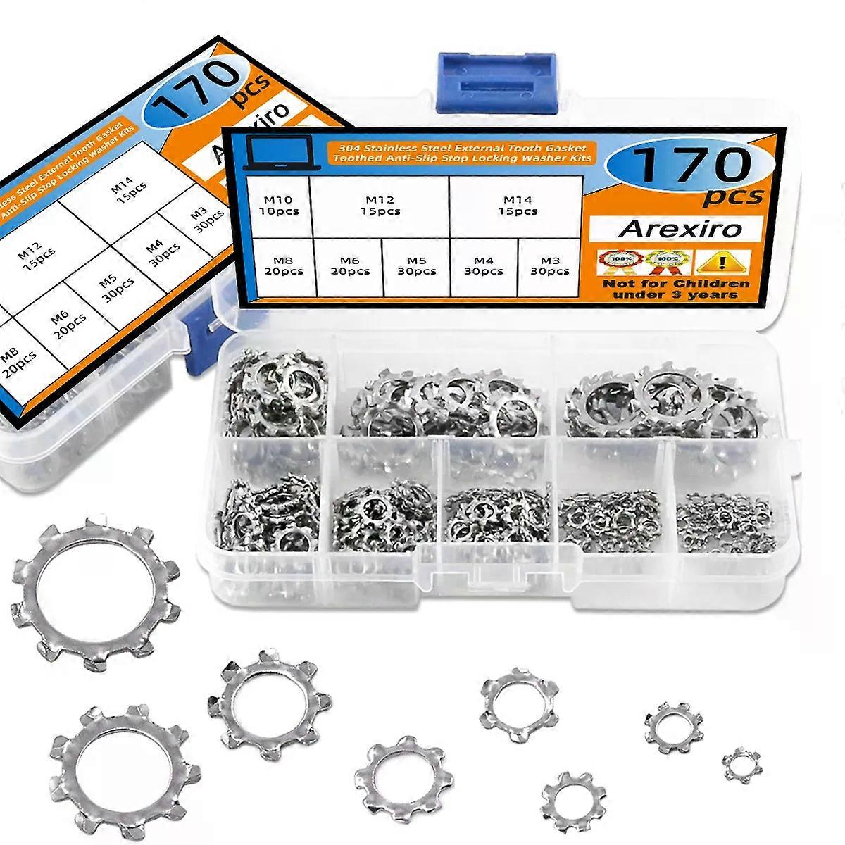 170Pcs 8-Size 304 Stainless Steel External Tooth Star Lock Washers Assortment Set - Size Included: M3 M4 M5 M6 M8 M10 M12 M14