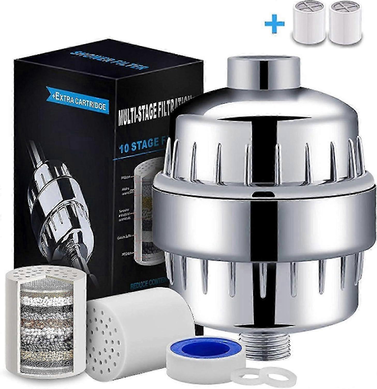 Universal shower filter for reducing chlorine and heavy metals in water