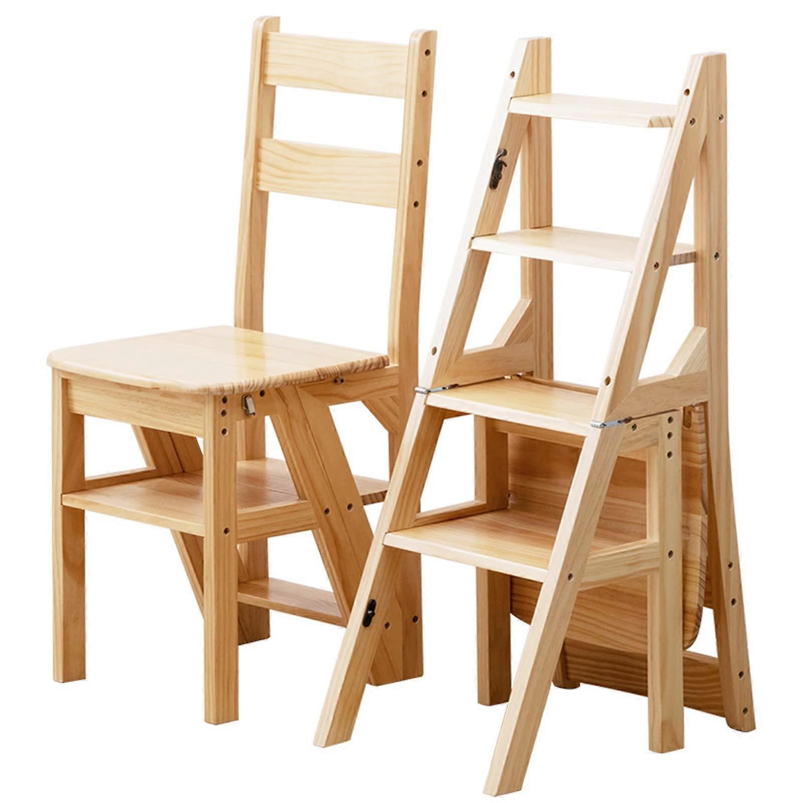 Solid Wood Folding Library Ladder Chair 4 Step Stool Display Stand for Home 46x35x90CM
