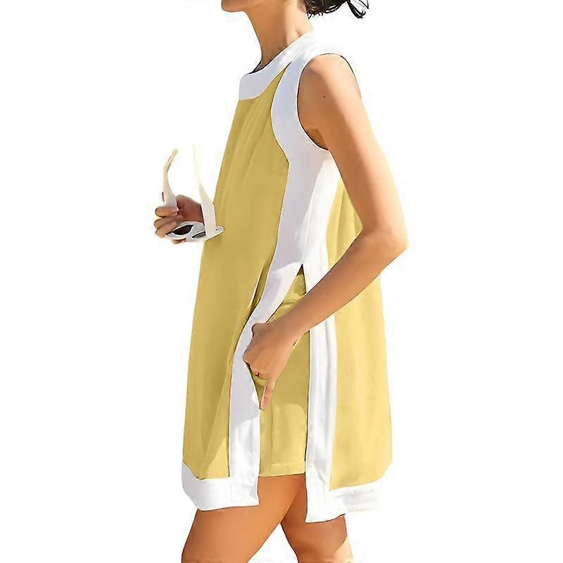 SCUSTY Women's Casual Two Piece Sets Color Block Crewneck Sleeveless Pullover Tops Matching Shorts With Pockets