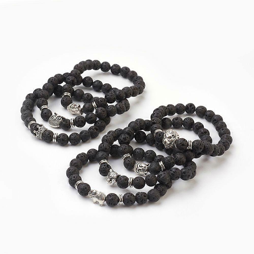Bracelets sets Natural Lava Rock Beads Stretch Bracelets with Alloy Findings Round and Mixed Shape Burlap Packing Silver 2-1/8 inch(5.3cm) bag: 12x8.5