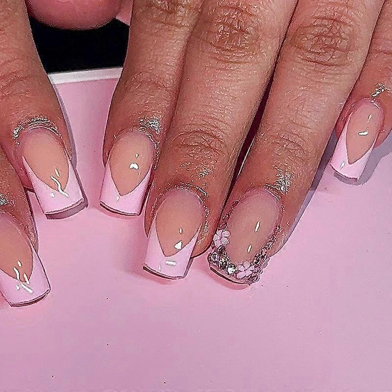 French Tip Press On Nails 24 Piece Set with Rhinestones, Quick Application, Reusable Manicure Kit