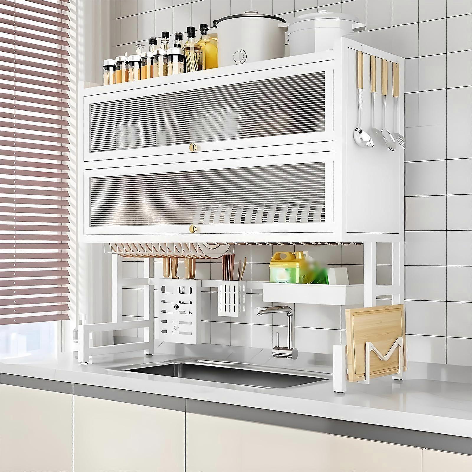 Over the Sink Dish Drying Rack 4Tier with DustProof Cover, Large Adjustable Shelf 41.3in White