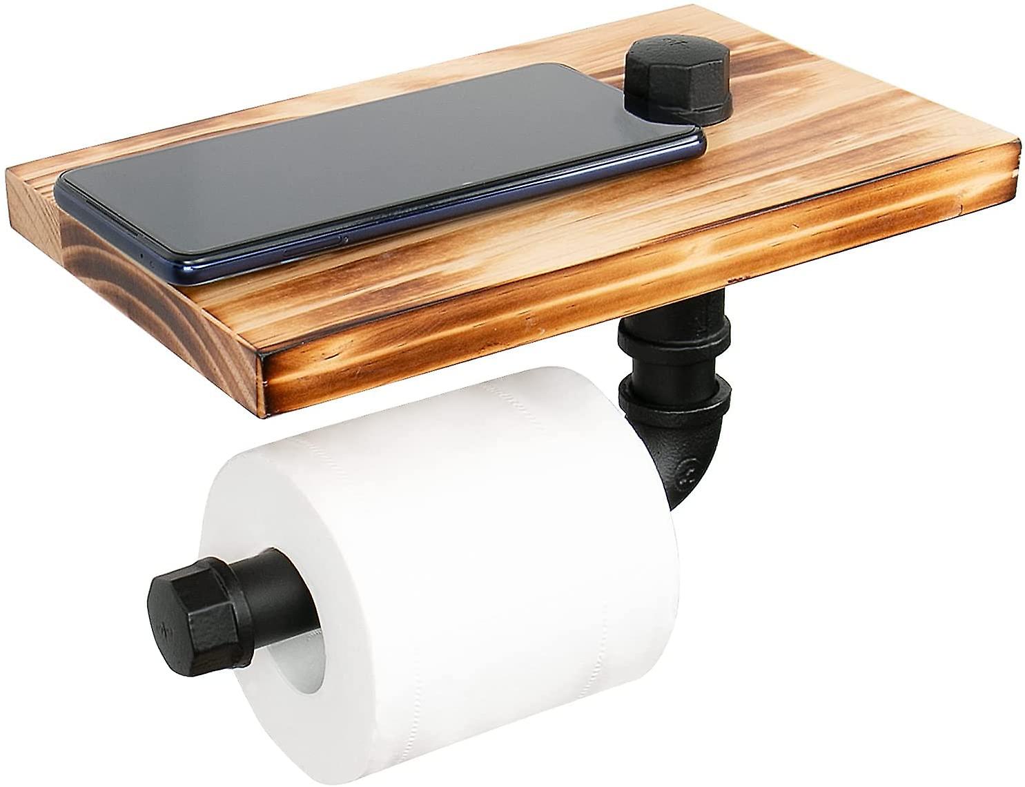 Industrial Pipe Toilet Paper Holder with Wooden Shelf ,Wall Mounted Tissue Wall Rustic Roller, Phone