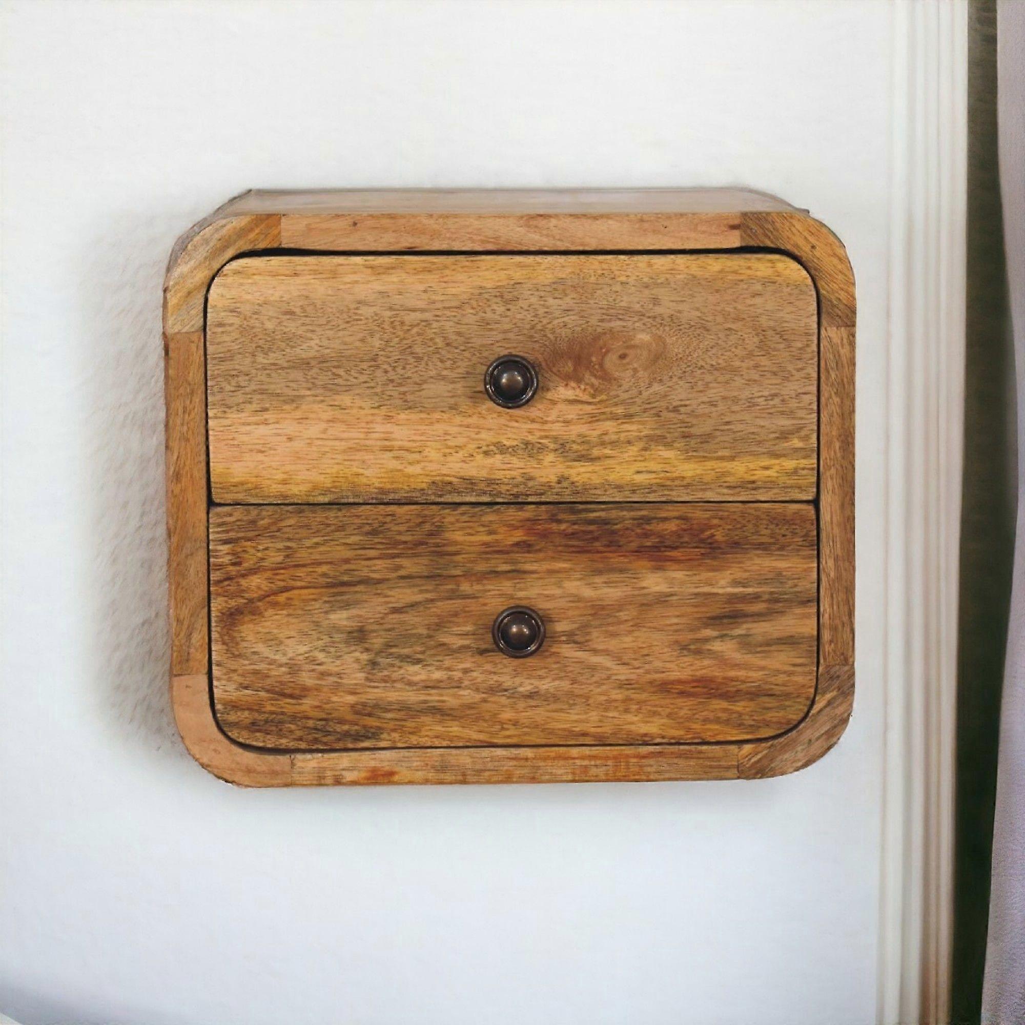 Solid Wood Mini Curve Oak-ish Floating Bedside, 2 Drawers
