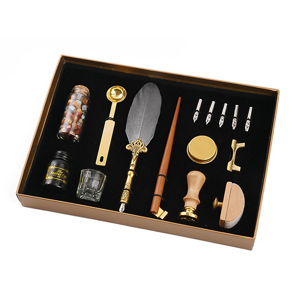 Retro Kalligrafi Quill Fjær Dip Pen med Nibs Voks Segl Stempelholder Gaveeske