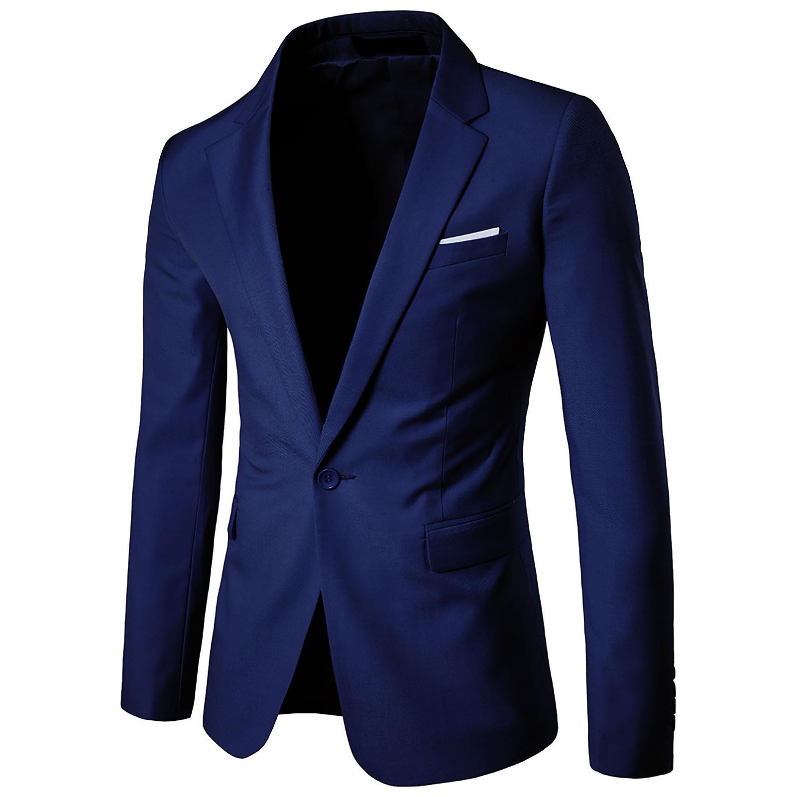 Men Blazer Single Button Solid Color Turndown Collar Plus Size Slim Pockets Suit Coat for Office