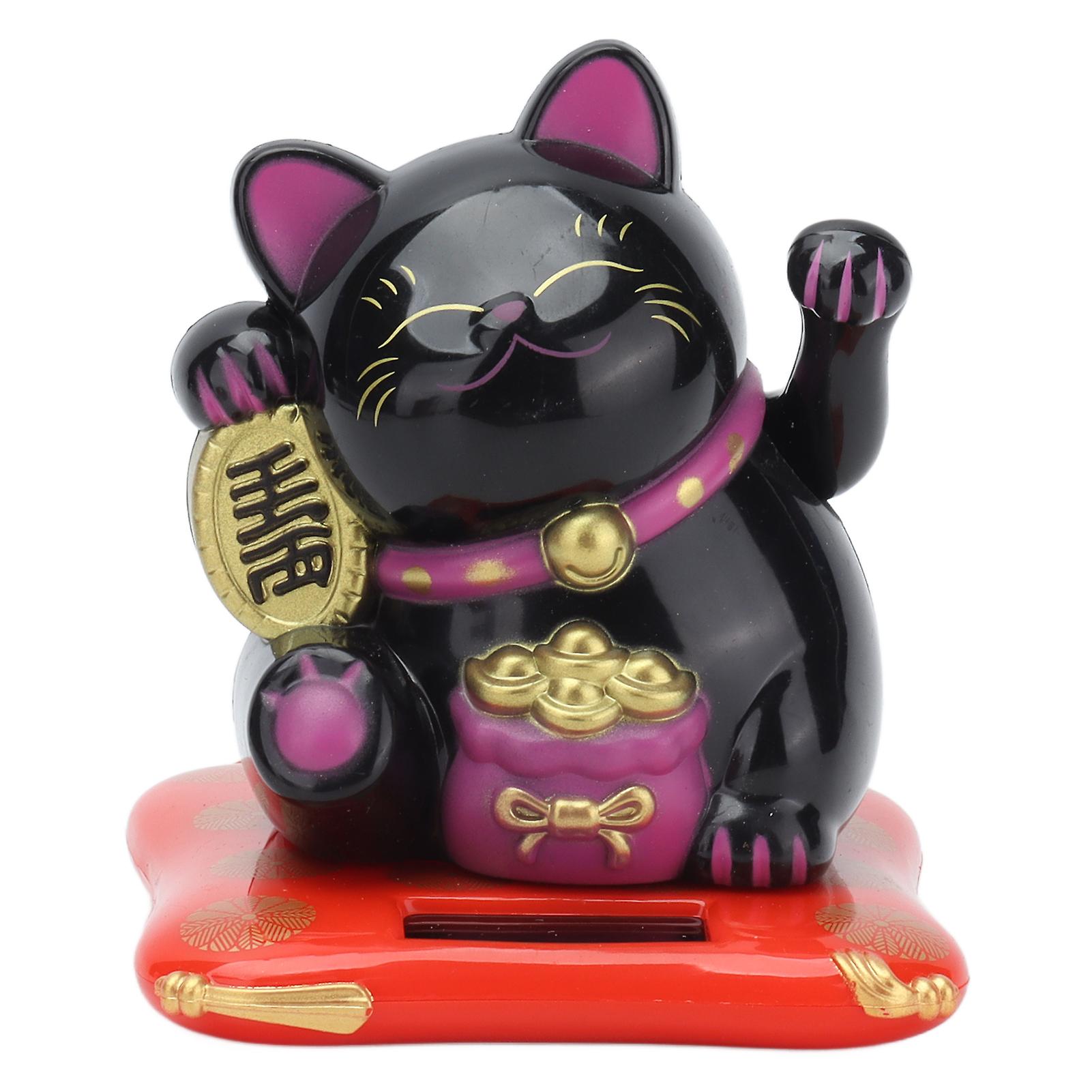 Solar Powered Lucky Cat, Adorable Lucky Cat with Waving Arm, for Home, Office or Car, Black