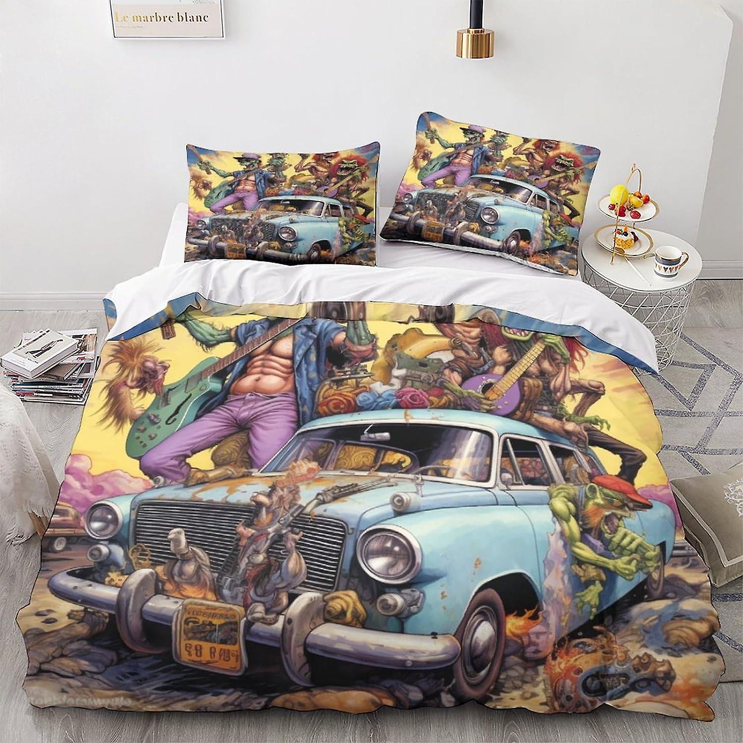 LikeEj Monsters Copripiumino Cartone Animato Set Biancheria Da Letto 3D auto d'epoca Morbido Piumino Copritrapunta Microfibra 3 Pezzi Set Biancheria Da Letto Camera Decor Re