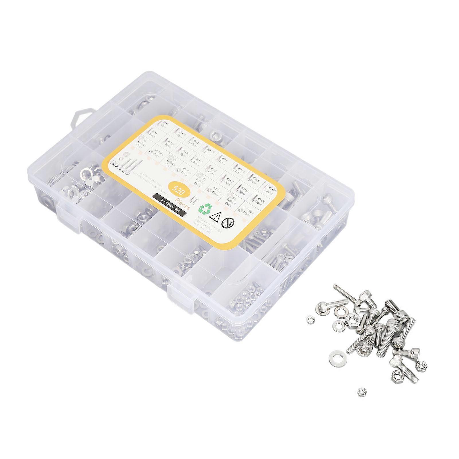 520 buc șuruburi piulițe sortiment kit metric M3 M4 M5 M6 asortat cu cap hexagonal șurub din oțel inoxidabil șaibe plate