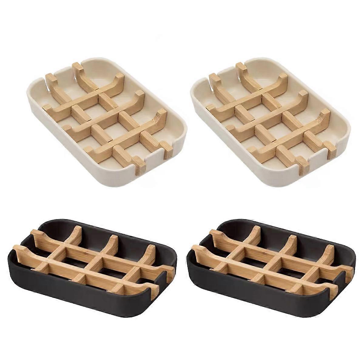 4 soap trays are sustainable and environmentally friendly, made of natural bamboo and wood, with drip trays (black+white)