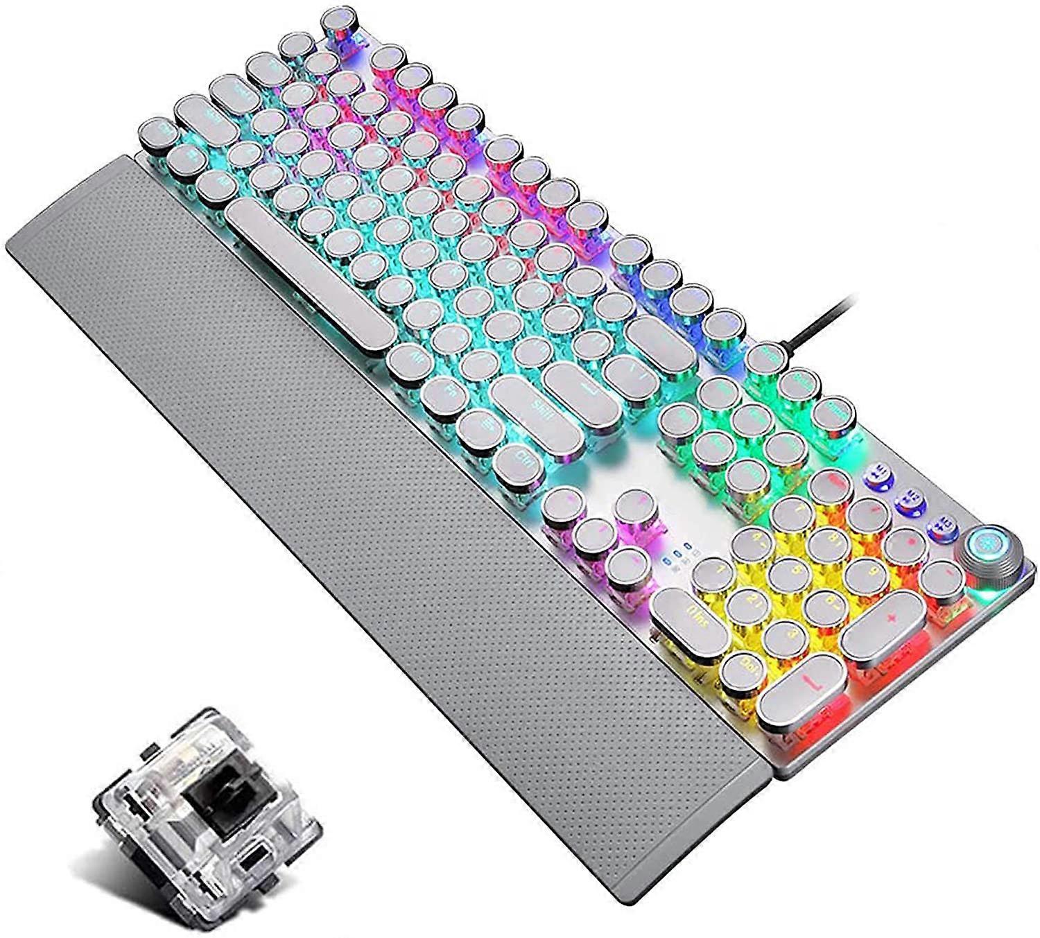 Retro Steampunk Gaming Mechanical Keyboard, Metal Panel, Black Switches, LED Backlit,USB Wired,Hand Rest,Typewriter-Style Round Keycaps,for Game and O
