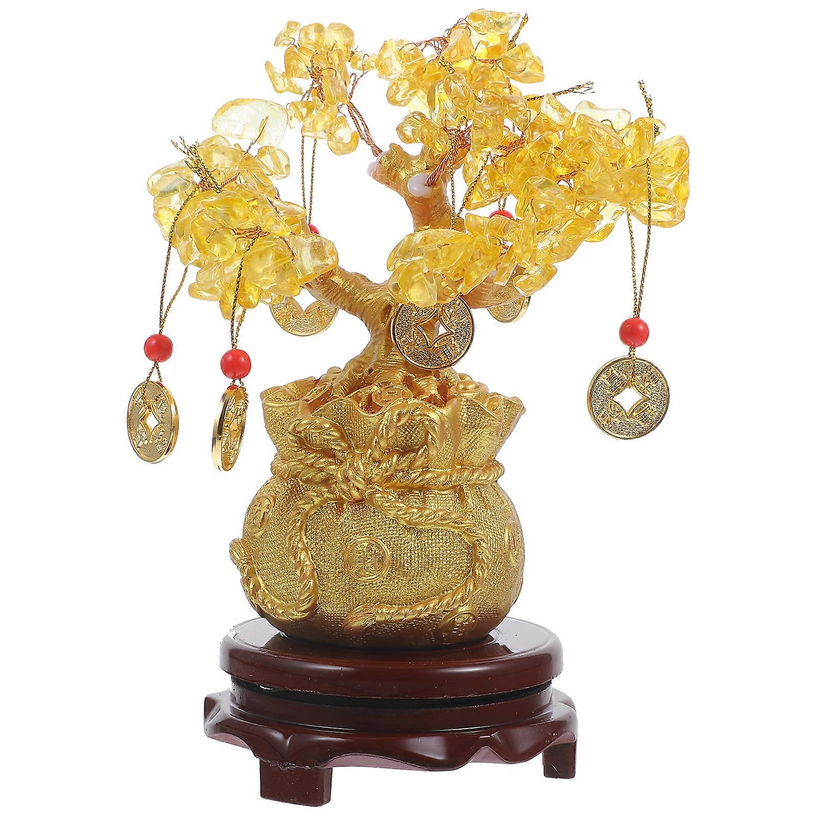 1PC 19cm Natural Crystal Tree Money Tree Ornaments Bonsai Style Wealth Luck Feng Shui Ornaments Home Decoration (with Gold Coins and Base)