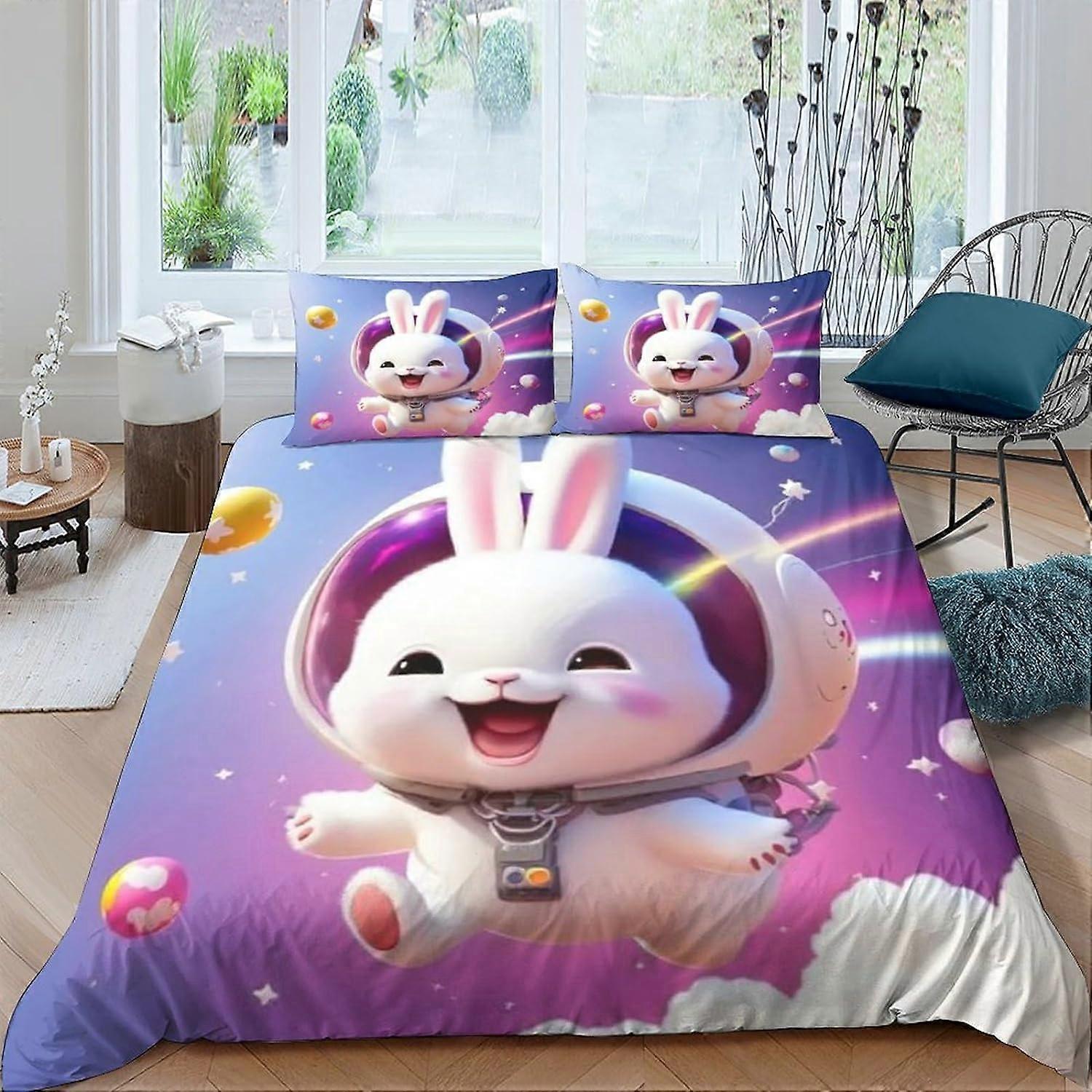 Ensemble de literie lapin mignon pour enfantsHousse de couette imprimée en 3D avec taie d’oreiller et housse de couette zippée en microfibre