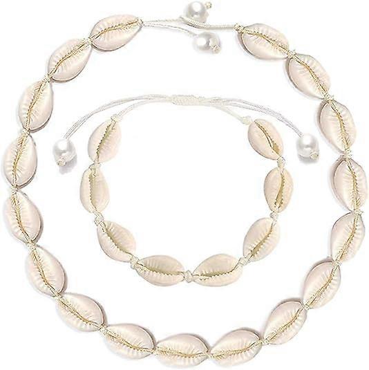 Natural Shell White Thread Necklace Bracelet Set, Hand Adjustable