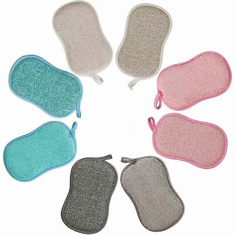 Washable antibacterial microfiber sponge, reusable scrubbing sponge, 8-piece double-layer sponge (red2+blue2+gray2+beige2).