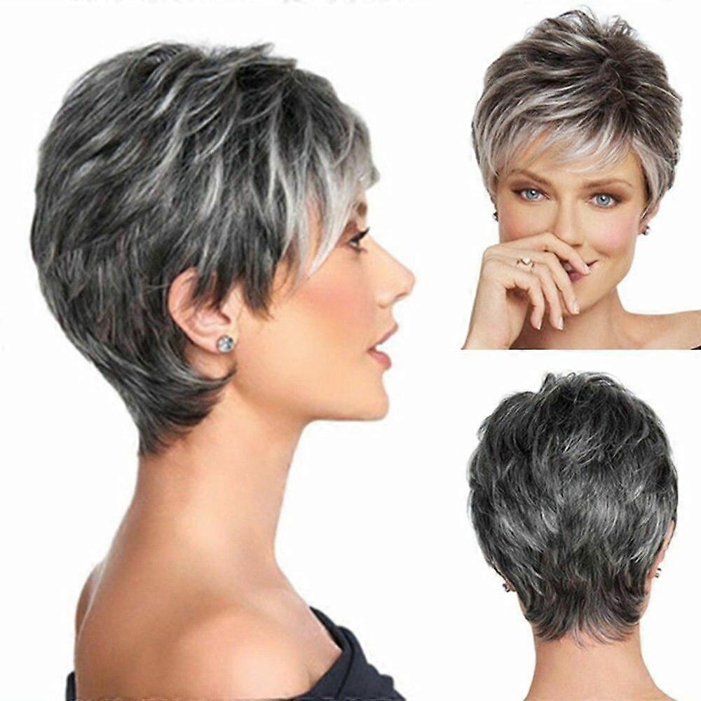 Donne Sintetico Corto Grigio Argento Parrucca Completa Pixie Parrucca Radice Parrucche Stratificate Naturali