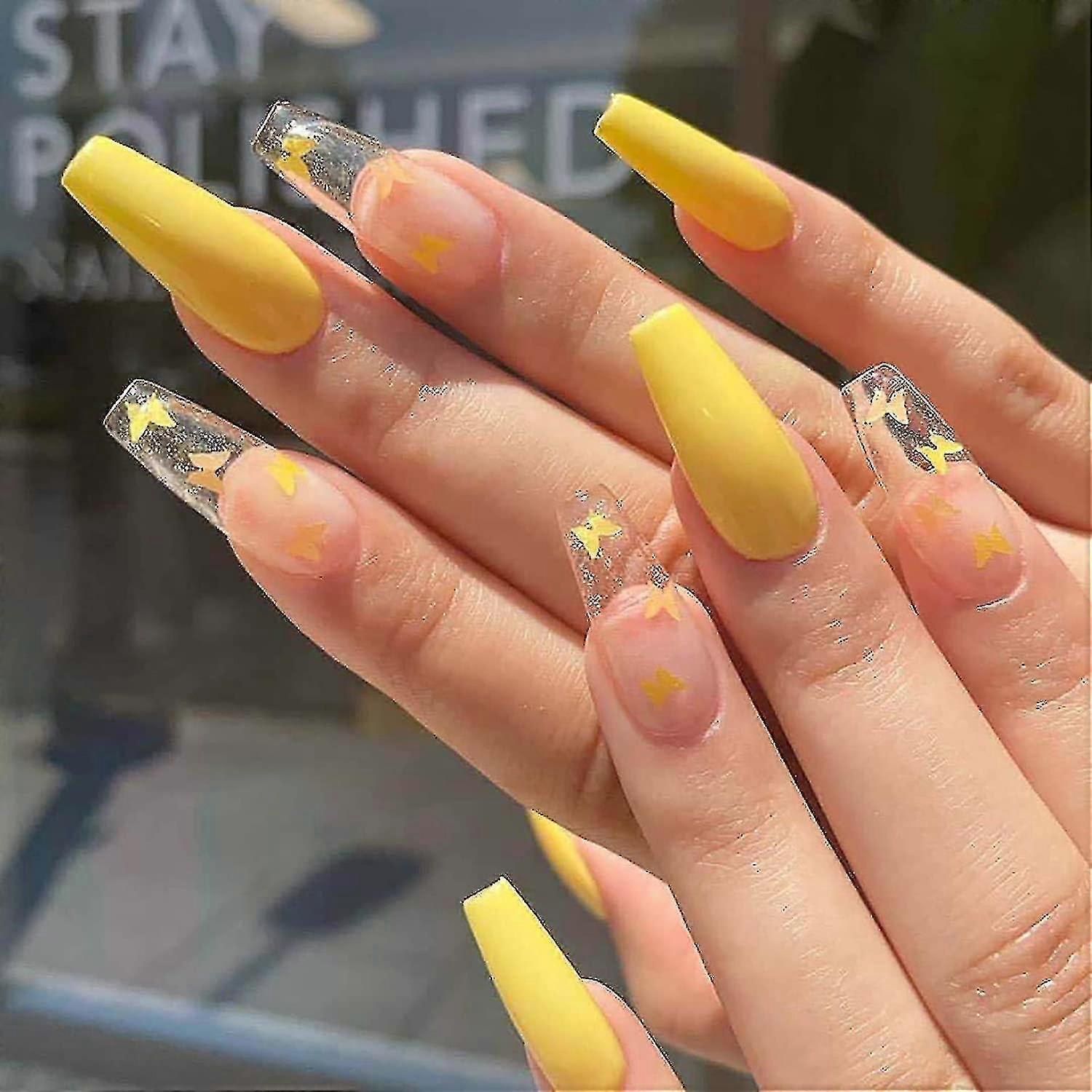 Extra Long Fake Nails Glue On Nails-yellow Clear