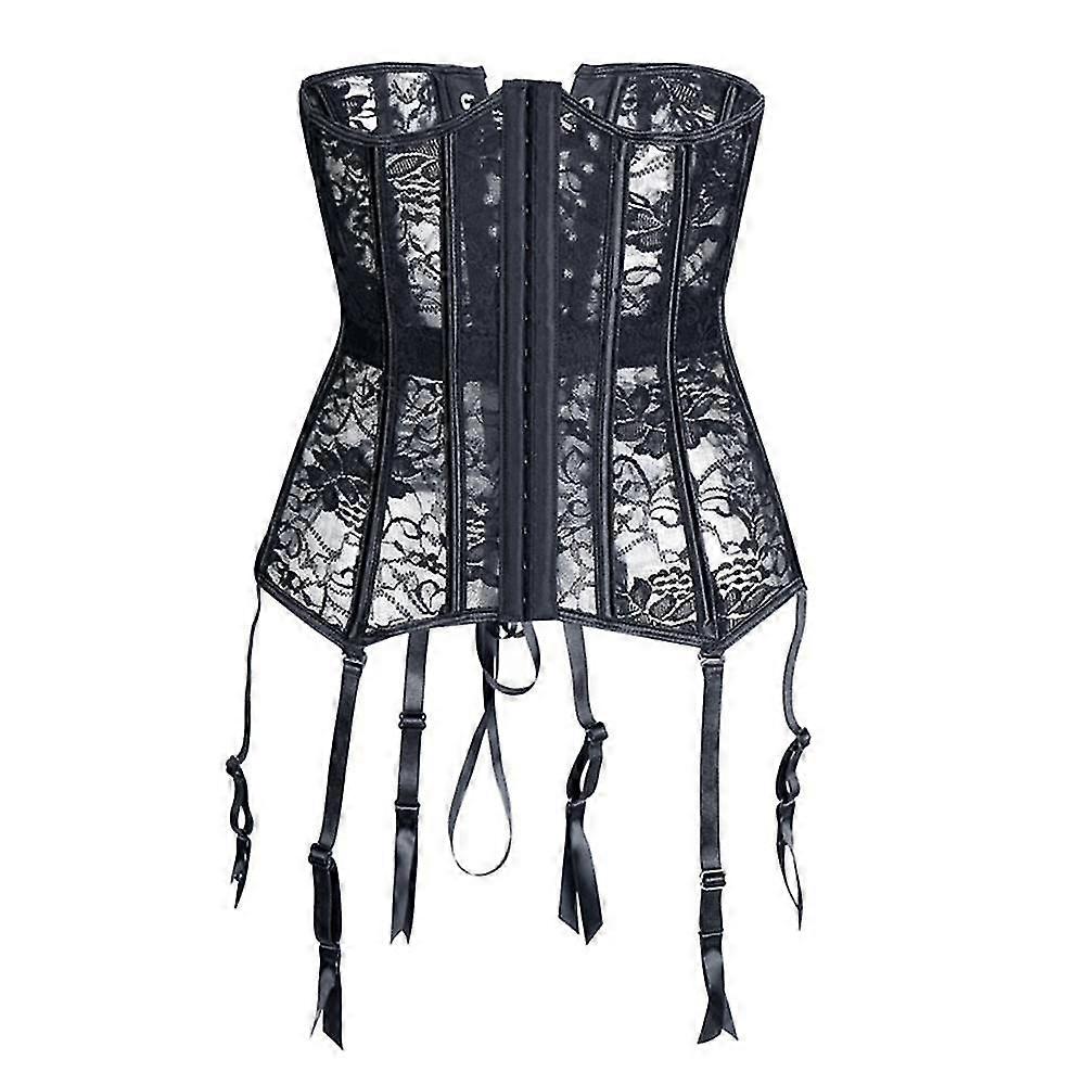 Womens Sexy Lace Up Body Shaper See Through Garter Belt Corset Shapewear