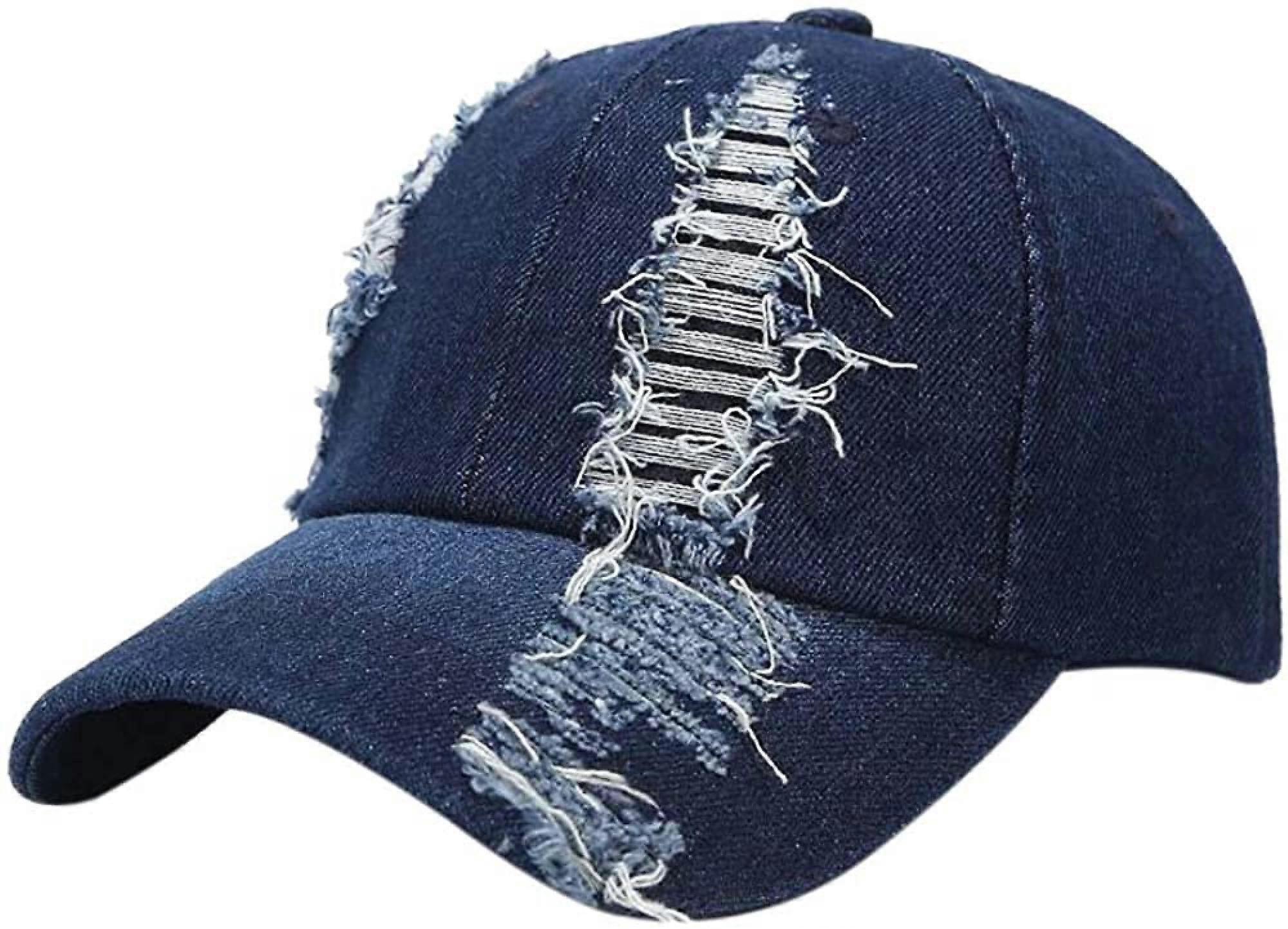 Unisex Riped Distressed Denim Baseball Cap Trucker Hat Justerbar Mörkblå