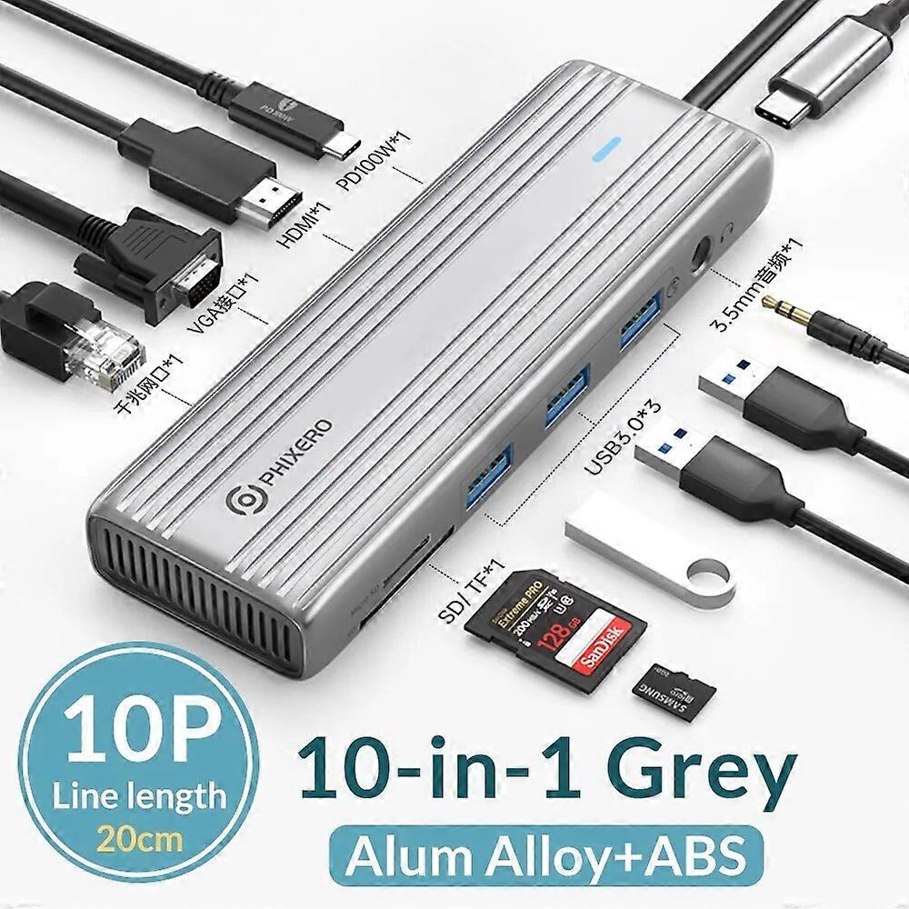 PHIXERO USB C HUB to HDMI-compatible VGA USB 3.0 Adapter 10 in 1 USB Type C HUB Dock for MacBook Pro Air PD RJ45 SD Card Reader