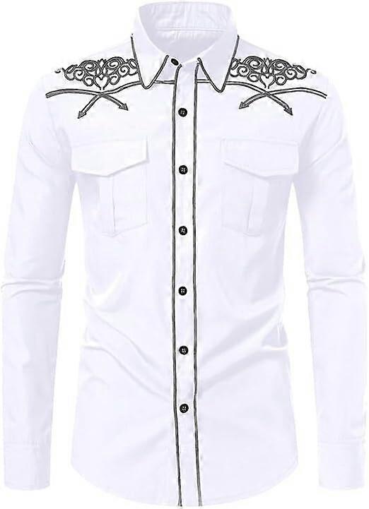 Mens Casual Button Down Long Sleeve Embroidered Shirts
