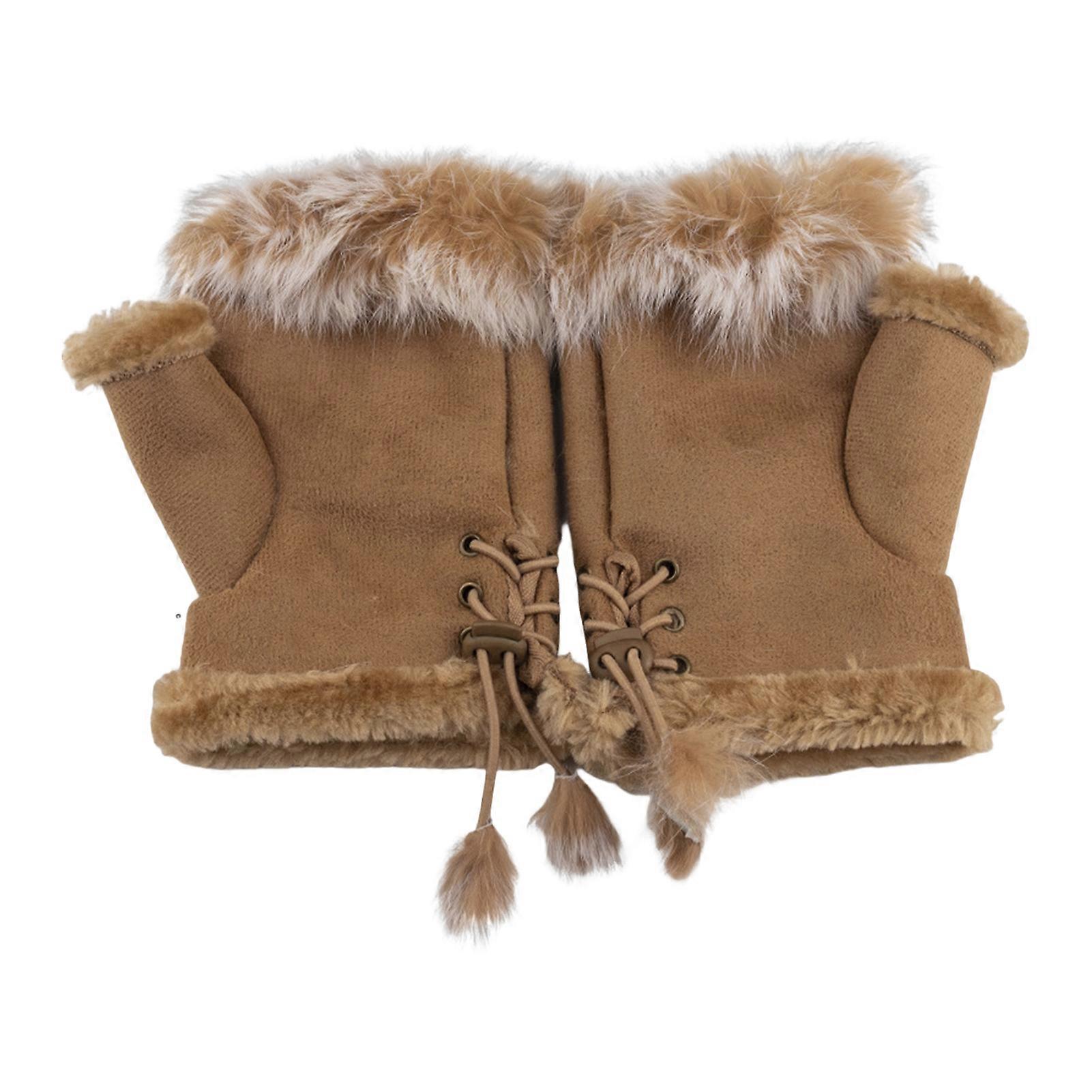 1 Pair Women Winter Mittens Adjustable Drawstring Thick Plush Faux Fur Windproof Anti-slip Student Writing Gloves Keep Warm Fingerless Typing Mittens
