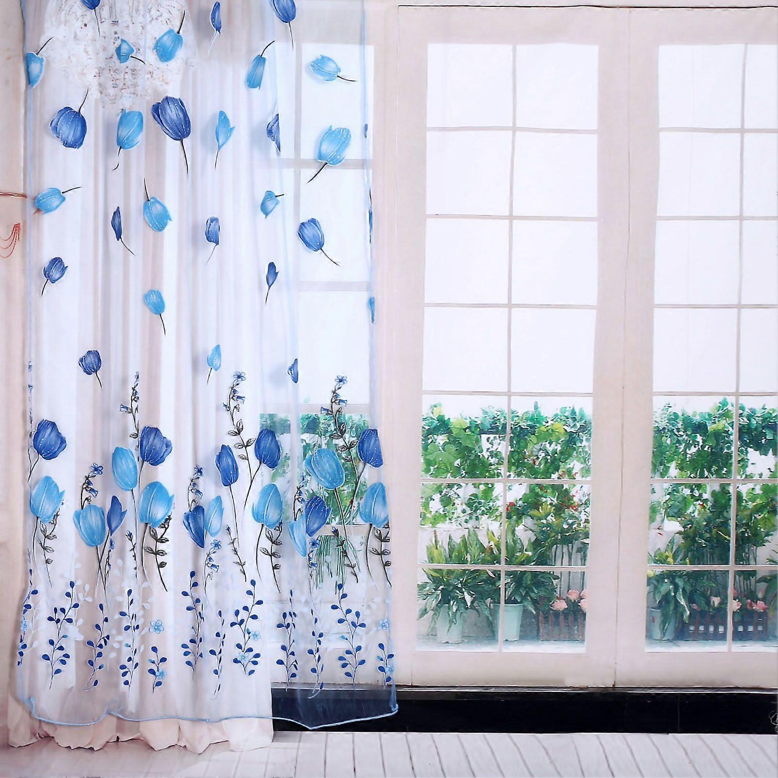 100*200cm Tulips Printing Tulle Curtains Sheer Drape Balcony Window Decoration Blue