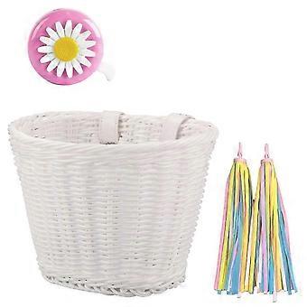 1Set Rattan Wicker Bicycle Front Basket+Bell+Tassel+Stickers Adjustable Handwoven Adult Bike Handlebar Accessories White
