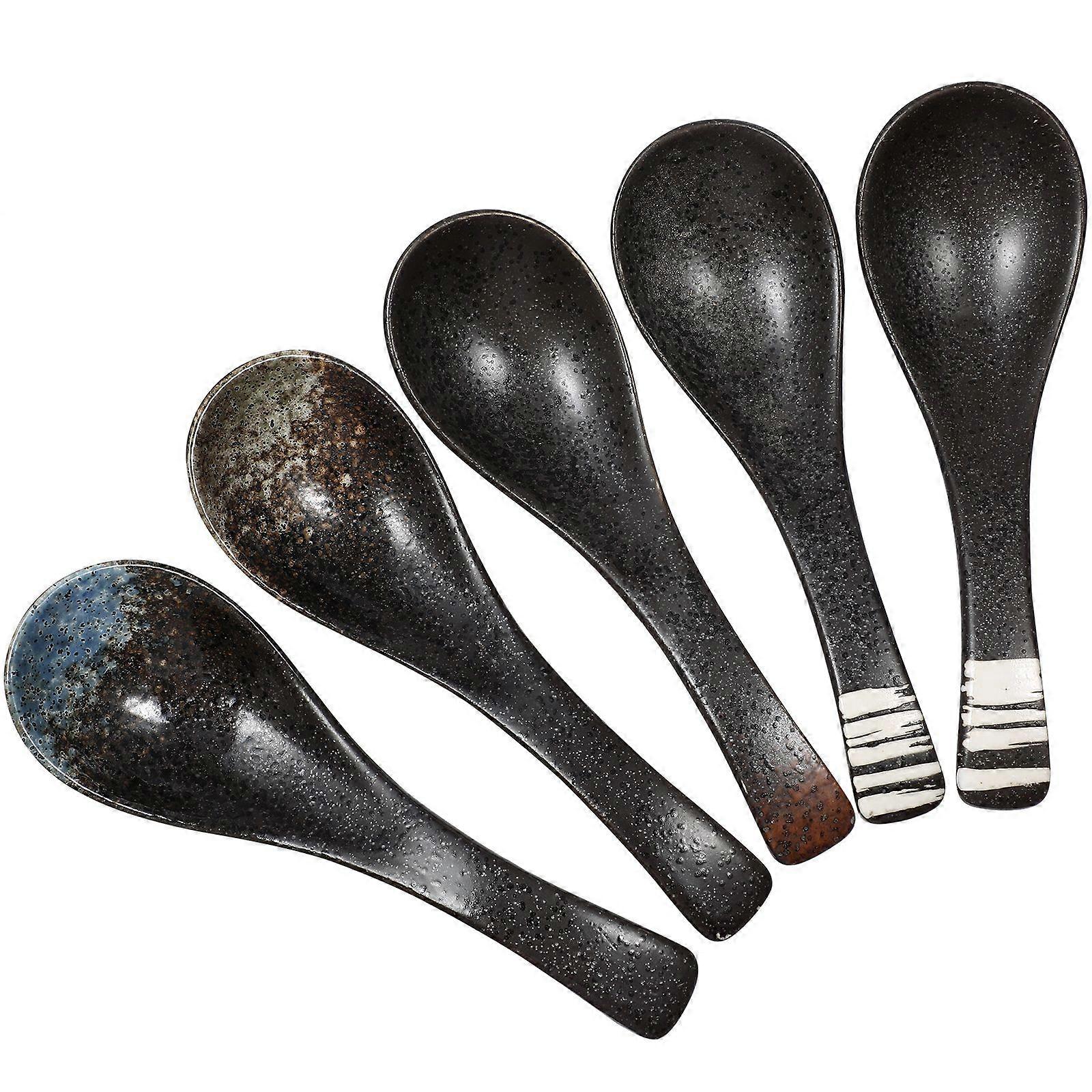 5Pcs Japanese Style Soup Spoon Ceramic Rice Spoon Home Kitchen Tableware