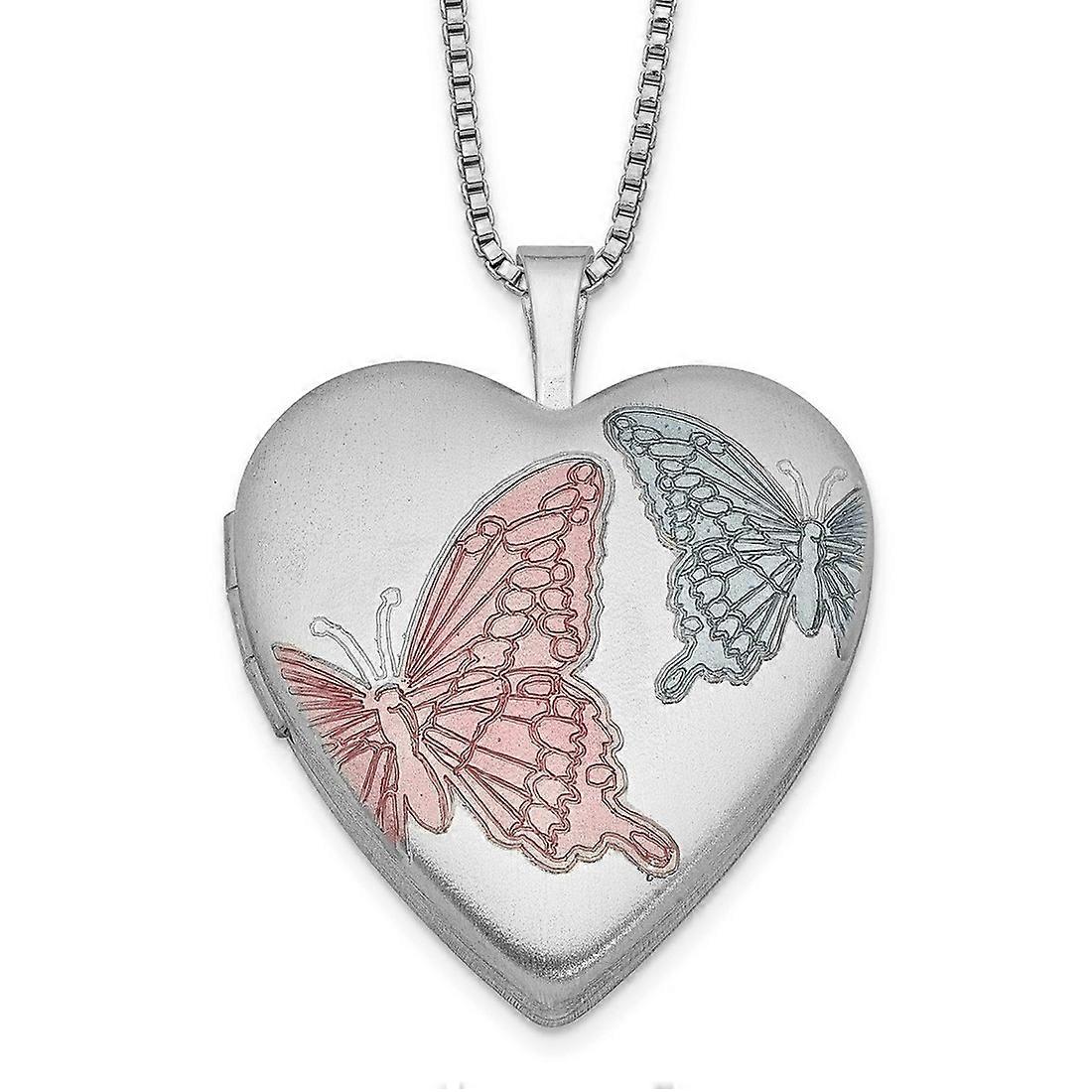 925 Sterling Silver Satin Patterned Spring-Ring Not engraveable 20mm with Enameled Butterflies Love Heart Locket-Locket