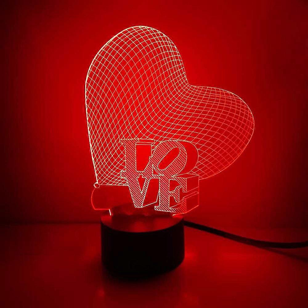 Love & Heart 3D Night Light LED Illusion Lamp, 7-Color LEDs, Acrylic Flat Panel With ABS Base, USB Powered